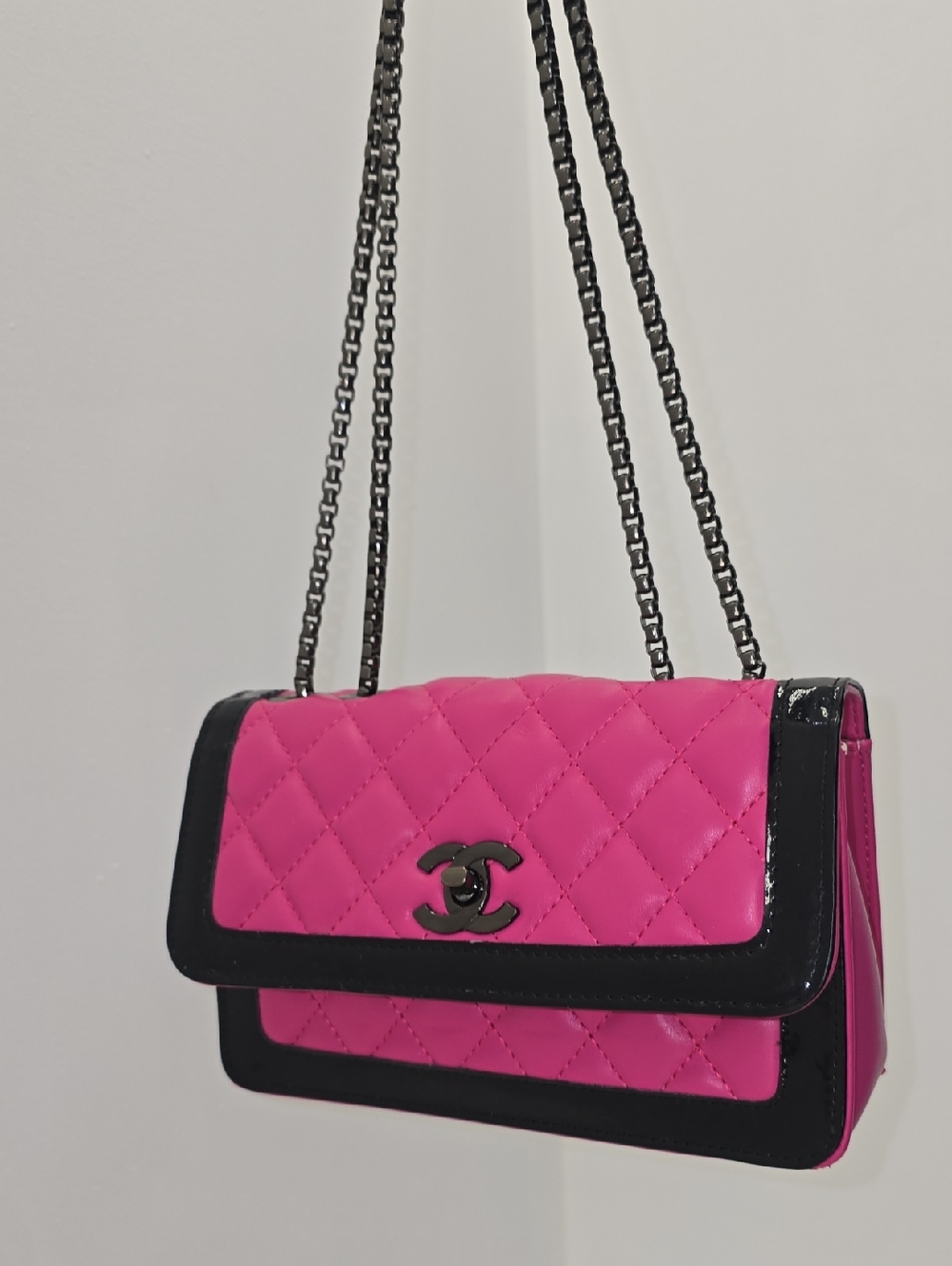 CHANEL Hot Pink Quilted Shoulder Bag with Black Trim
